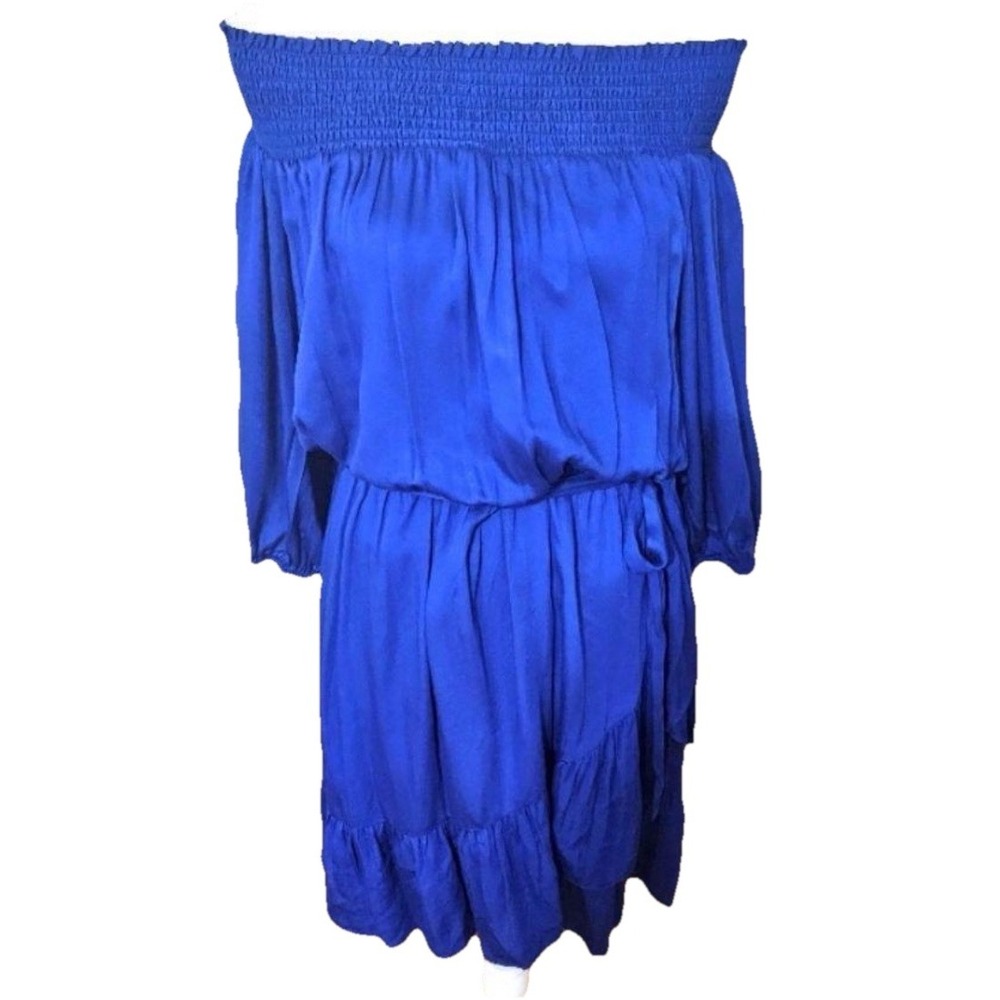 One-Shoulder Royal Blue Smocked-Neck Dress